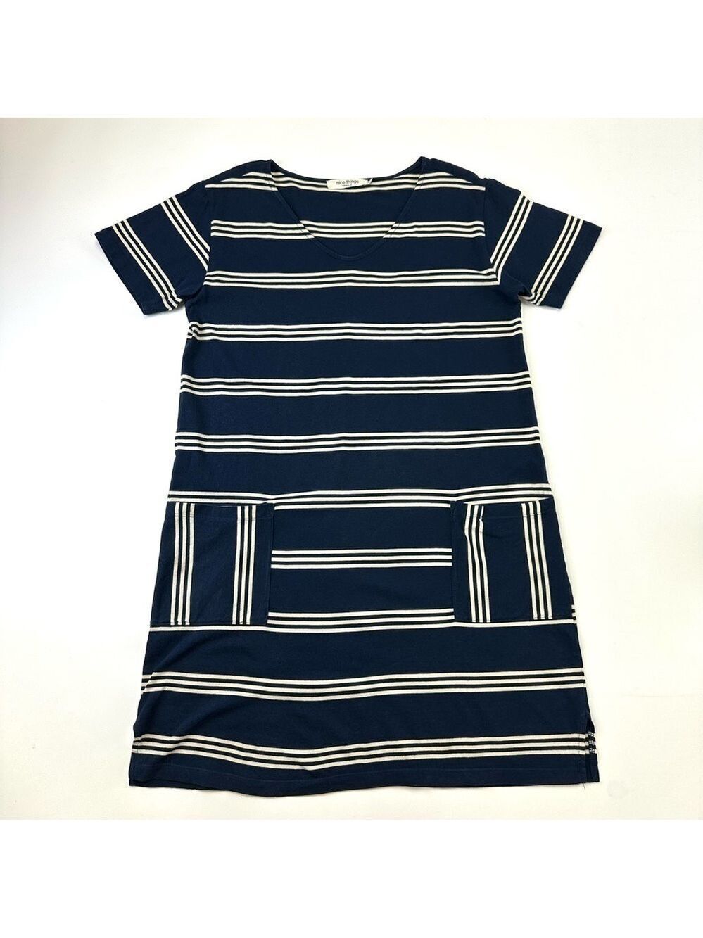 Nice Things navy stripe Tshirt dress cream nautical short sleeve XL Vneck